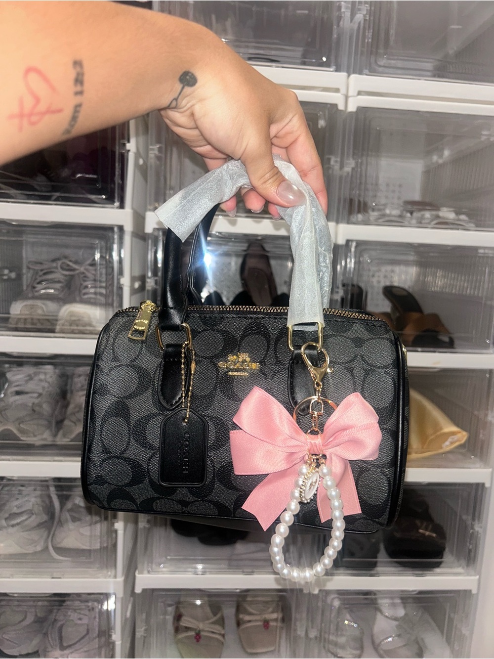 Coach Black Signature Mini Satchel with Pink Bow and Pearl Charm - Picture 2 of 6